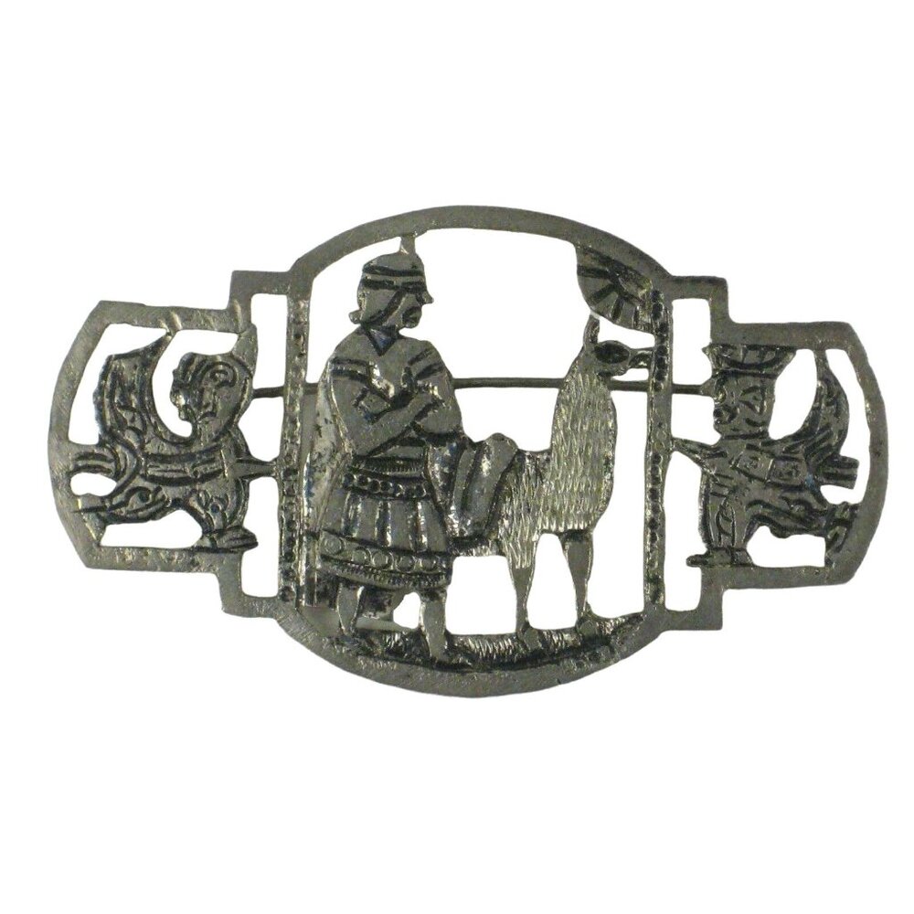 Llama Brooch Pin Silver .900 Figural C Clasp Peru Peruvian Winged Figures FLAW